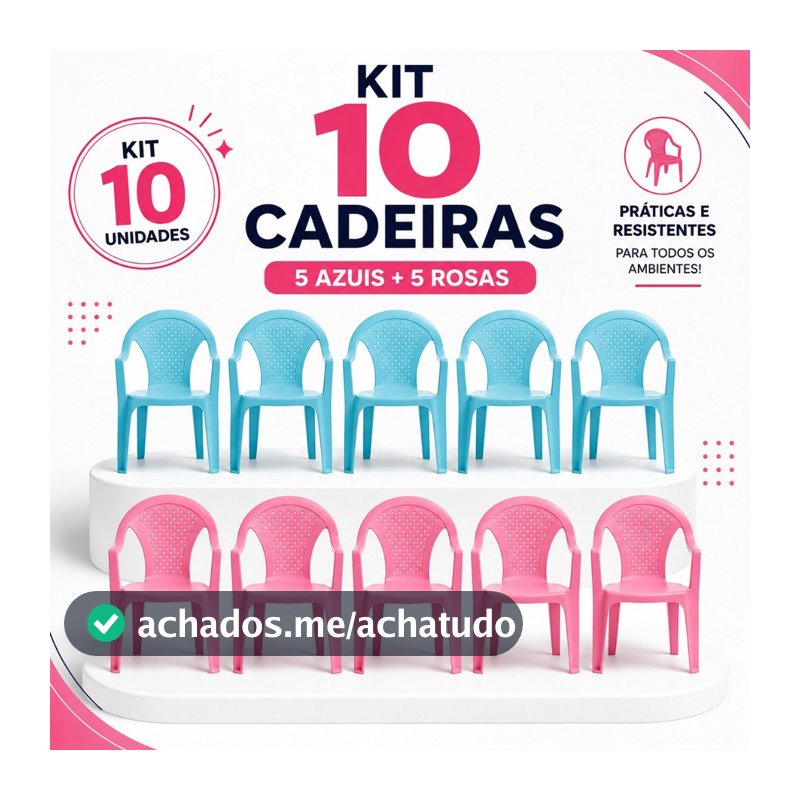 Kit 10 Cadeira Infantil Azul Rosa Plástico Resistente EmpIlhável Criança Escola Festas Creche Forte