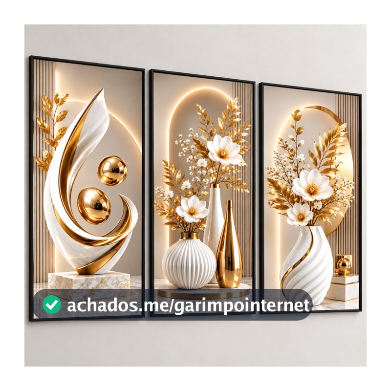 Quadro Decorativo 3 Peças Abstrato Geométrico Vasos Dourados Sala Quarto Escritório