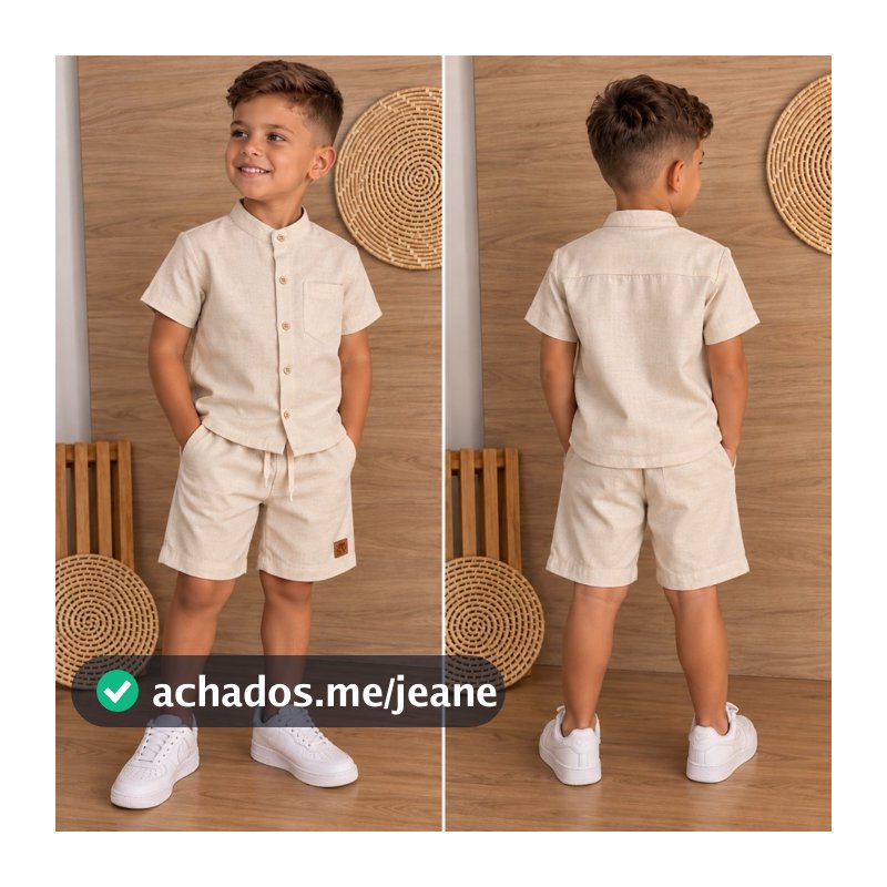 Conjunto Infantil Mauricinho Masculino Menino Camisa Social Manga Curta Bermuda Linho