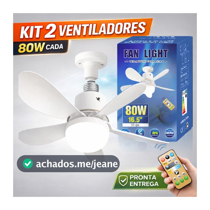 Kit 2 Ventilador 80W 5 Hélices Teto Potente Controle Remoto led Regulável 3 cores E27 Silencio Inteligente Ventila Forte