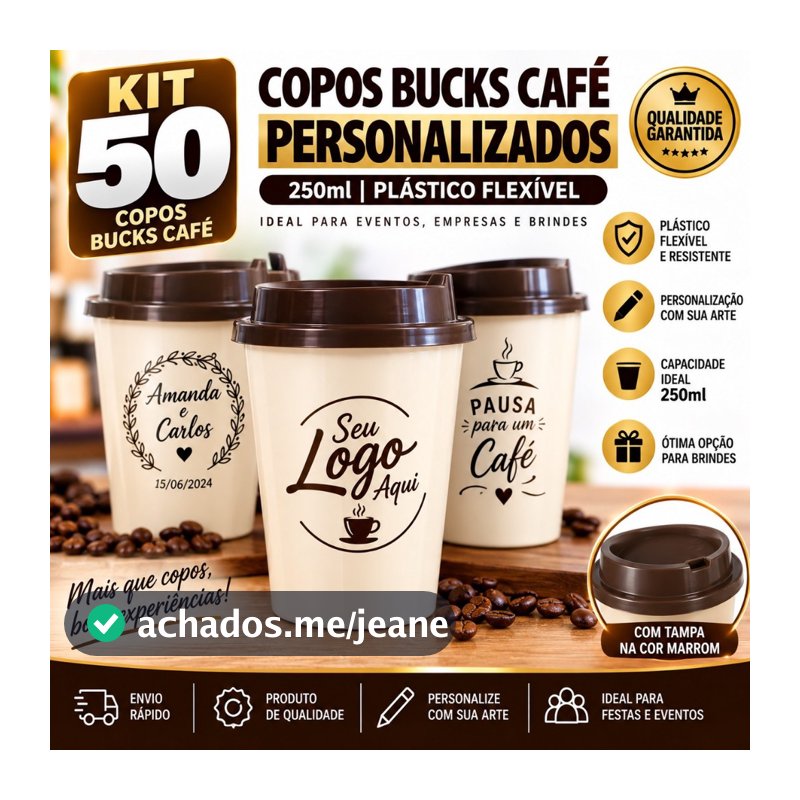 Kit 50 Copos Bucks Café 250ml Personalizados | Logo, Nome ou Tema | Festas e Eventos
