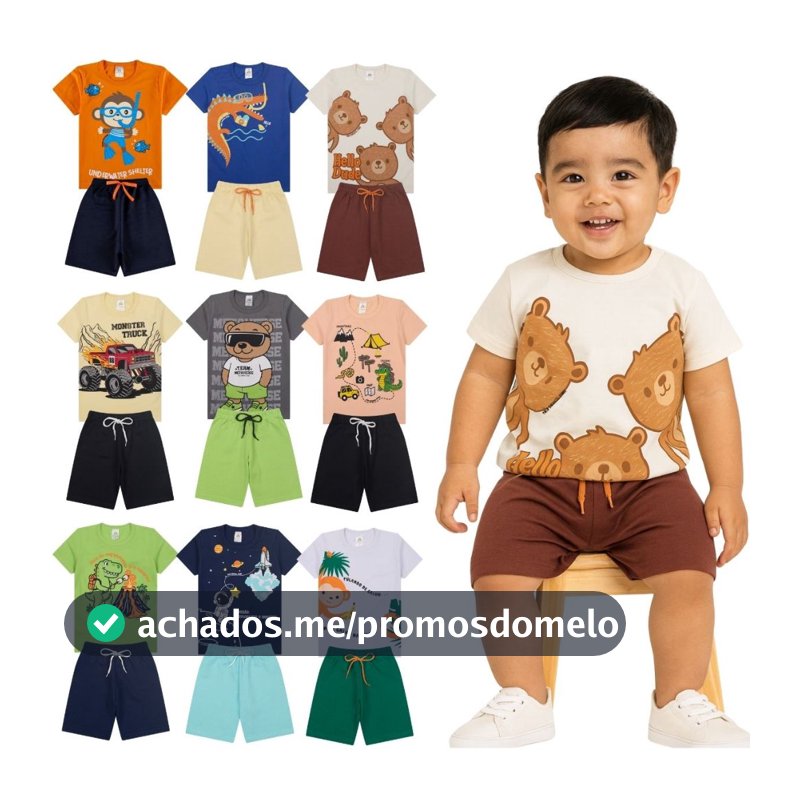 Kit Bebe 20 Peças De Roupas Menino Infantil - 10 Conjuntos de verão - 10 Camisetas + 10 bermudas shorts Masculino