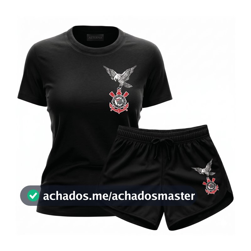 Conjunto Feminino Camisa e Shorts Gaviões Corinthians Timão Fiel SCCP Conjunto Preto e Branco