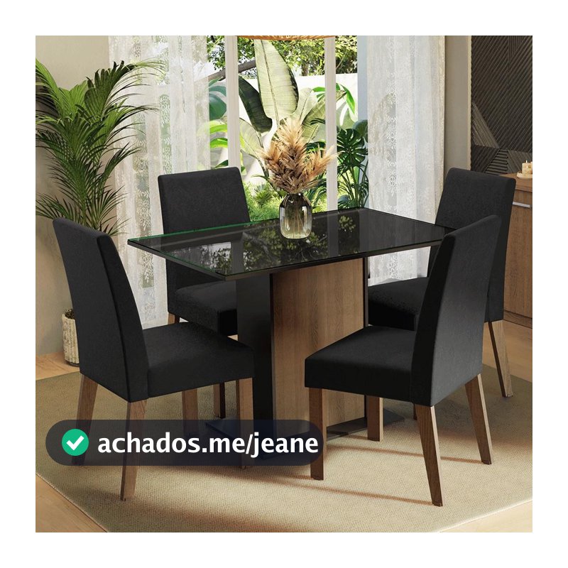 Conjunto Sala de Jantar Zion Madesa Mesa Tampo de Vidro 4 Cadeiras - Rustic/Preto/Oxford