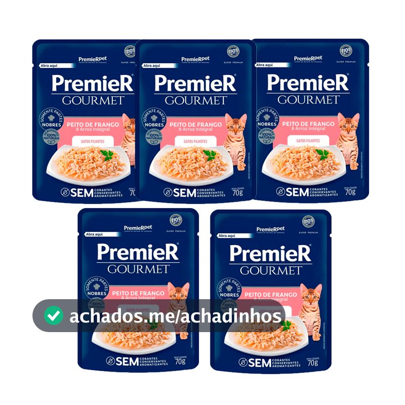 Kit com 5 Rações Úmidas Premier Gourmet Gatos Filhotes Peito de Frango/Arroz 70g