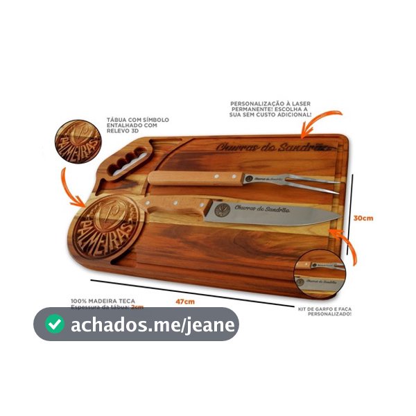 Kit Tábua de Madeira Garfo e Faca para Churrasco Personalizado Nome Logo Time Presente Dia Dos Pais