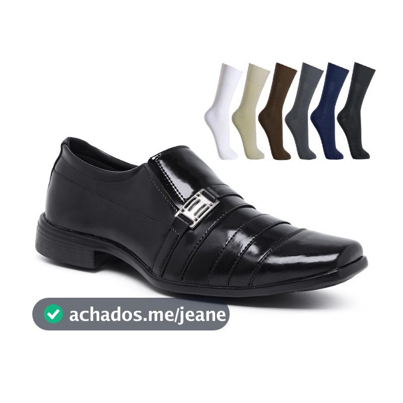 Kit Sapato Social Masculino Verniz Brilhante Confortável Dia a Dia com 1 Par de Meia Esporte Fino Direto da Fábrica