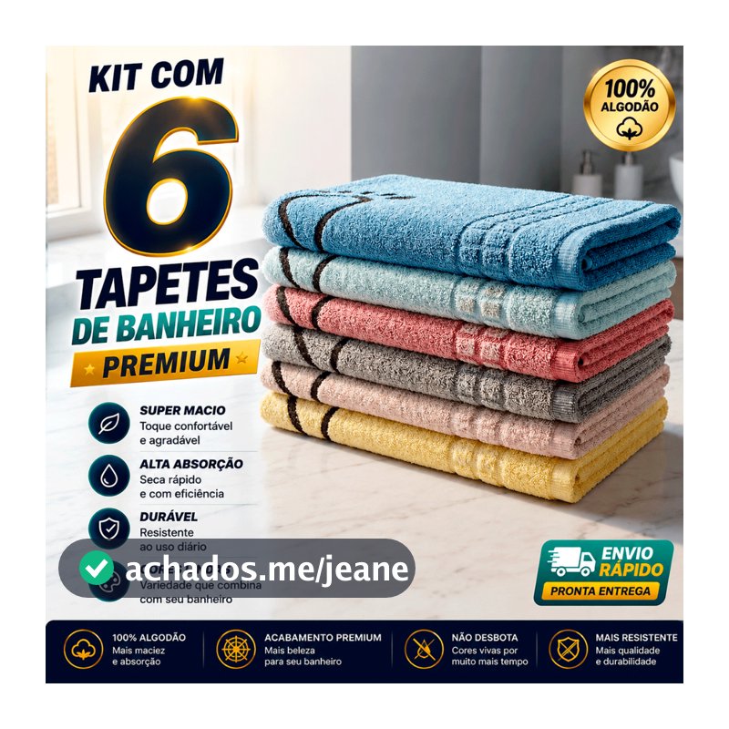 Kit 6 Tapete De Banheiro 45x70cm Pezinho Piso Luxo Atoalhado 100% Algodão Premium