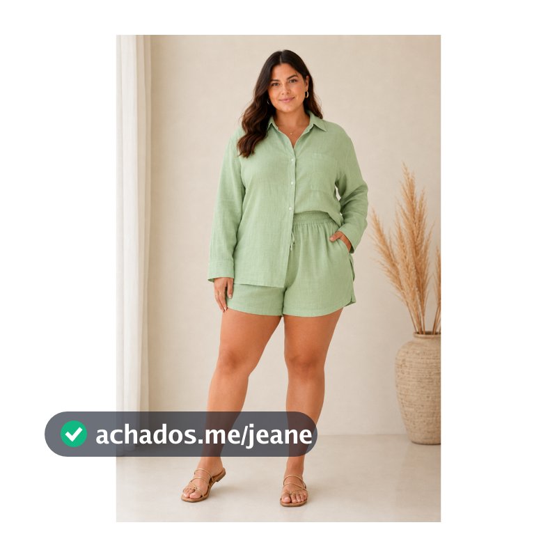 Conjunto Feminino Plus Size Linho Viscolinho Camisa Manga Longa e Shorts com Forro Look Casual Cintura Elástica Verão