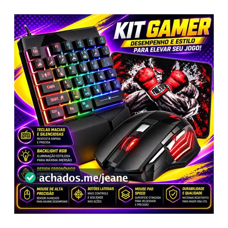 Kit Teclado Uma Mão + Mouse Gamer 3200dpi + Pad Estampado