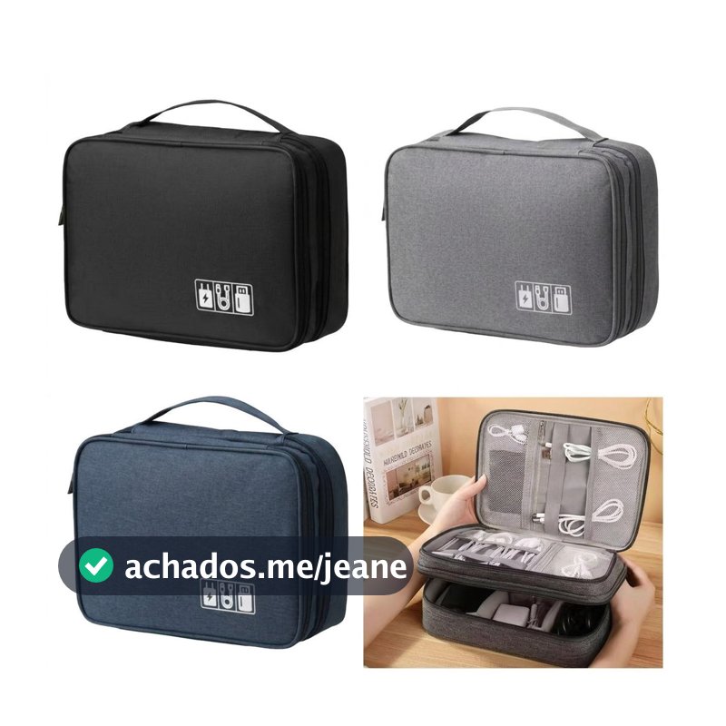Case Organizador Eletrônicos Grande 27x21x10cm Bolsa Dupla Camada Para Viagem Cabos Carregador Impermeável