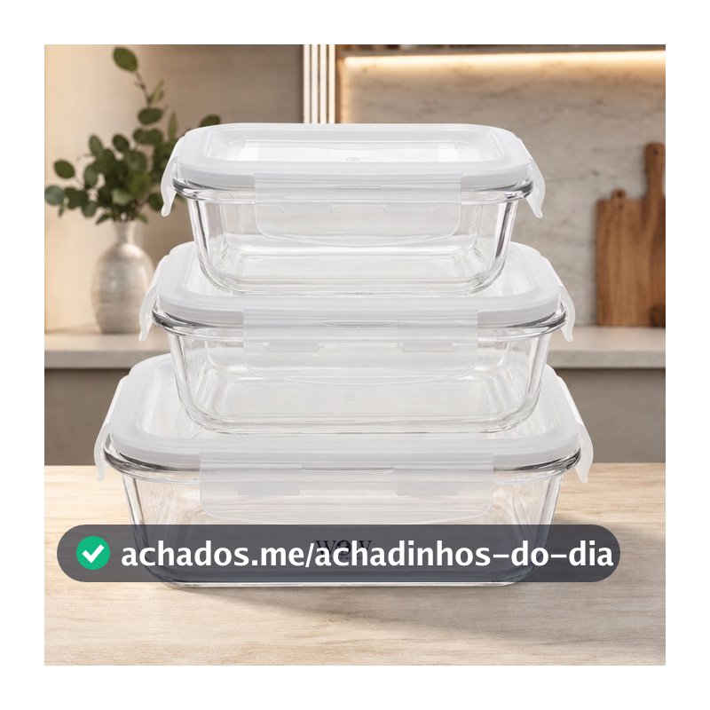 Kit 3 Potes De Vidro Hermético P, M e G Refratário