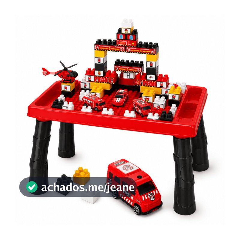 Mesa de Atividades Infantil Didatica Com 80 Blocos de Montar Bombeiro e Dinossauro