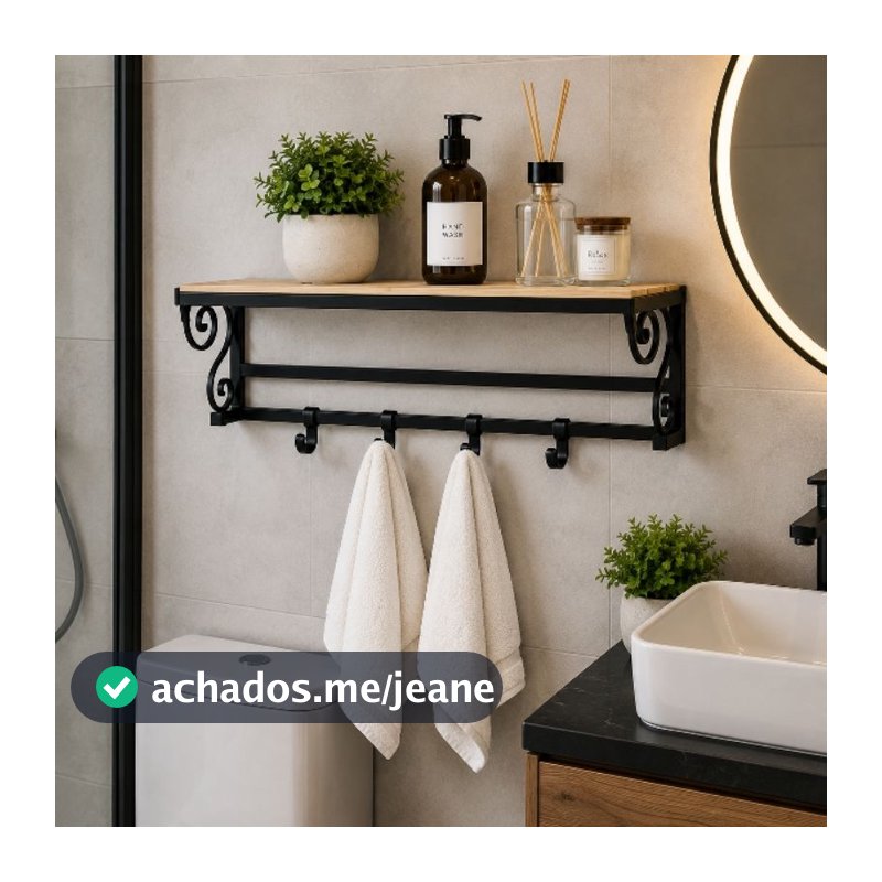 Suporte Para Banheiro Rustico 60cm Madeira Pinus Ferro Preto 4 Ganchos