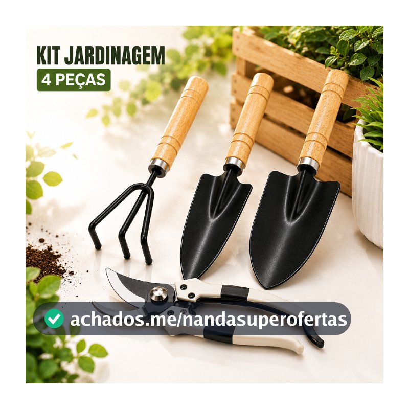 Kit 4 Ferramentas de Jardinagem Para Vasos Horta Jardim Plantas Flores Aço Carbono Cabo Madeira kit 4