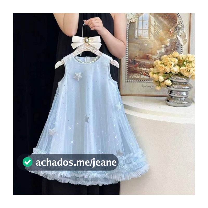 Vestido Infantil Tule Brilho Estrela Sem Manga Babado Camadas Forro Macio Rosa Azul Dia a Dia