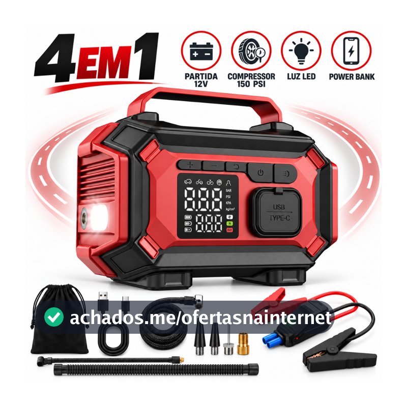 Auxiliar de Partida Veicular 12V com Compressor de Ar 150PSI Portátil 4 em 1 para Carro Moto Power Bank Lanterna LED