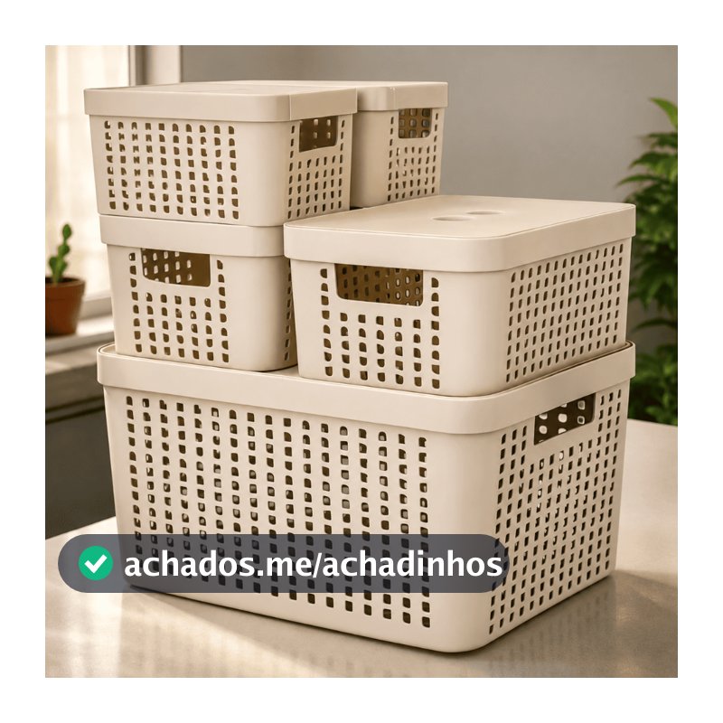 Kit 5 Caixas Organizadoras com Tampa Cesto Grande de Plástico 2 Litros 4,5 Litros 17 Litros