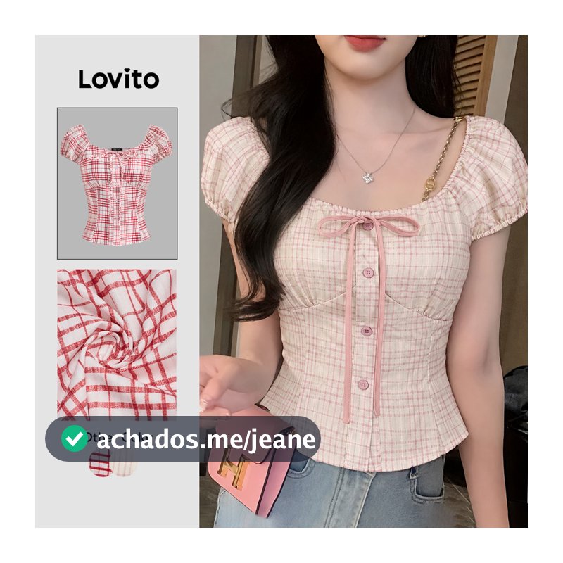 Lovito Casual Blusa Rosa Xadrez Vichy Com Laço Para Look De Primavera/verão Para Mulheres L136AD105