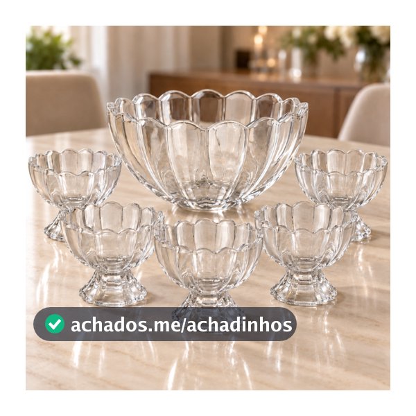 Kit 7 Pecas Bowl com 6 Tacas de Vidro Para Sobremesa Wolff Conjunto para Doces Mesa Posta Cafe e Receber Praticidade Uso