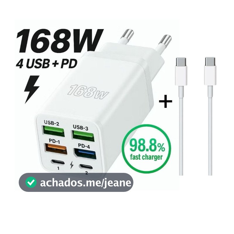 Kit Carregador 168W Rápido Multi Portas Flash 4USB + 2PD 5V 3A USB Tipo C Adaptador De Energia com Cabo Tipo C