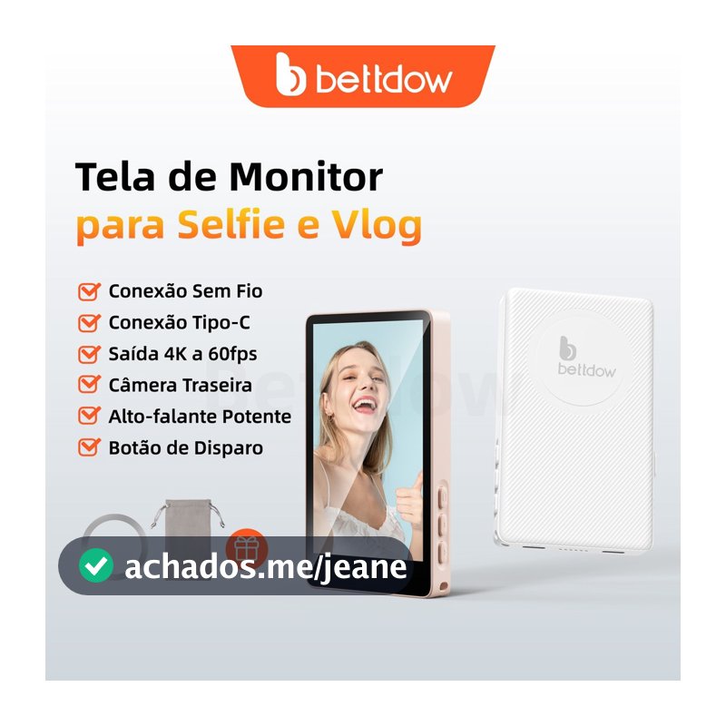 Monitor de selfie sem fio BETTDOW para vlogs com iPhone e Android, tela magnética para selfies e vlogs.