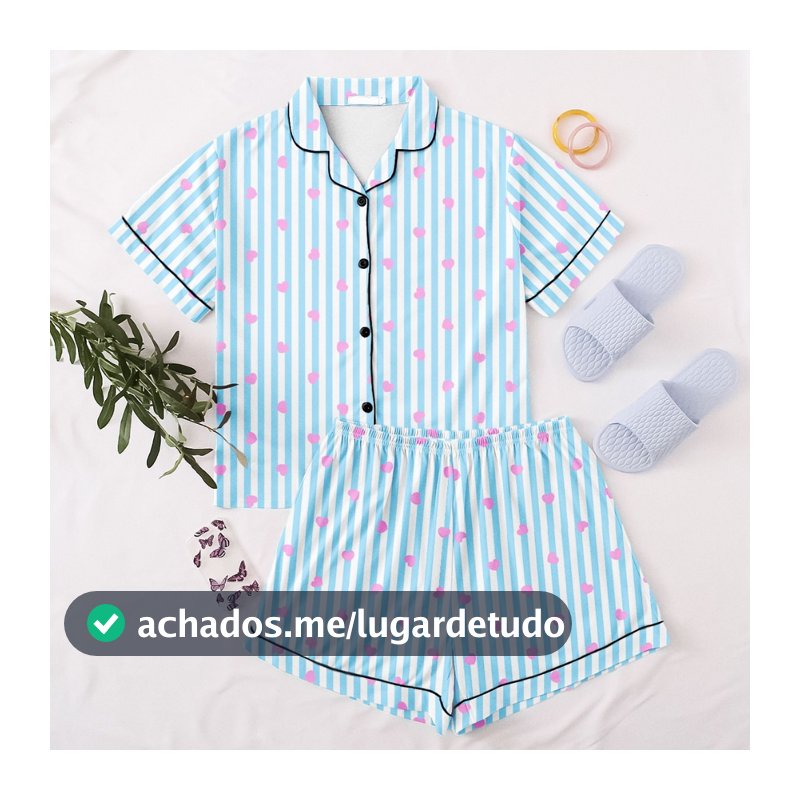 Pijama de Botão Americano Feminino Blogueira Estiloso Temático Meia Manga Short Doll Fofo