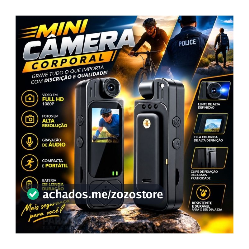 Câmera de Ação Full HD 1080p Esportiva de Desporto 180º Body Cam Filmadora Esportes Á Prova d'Água