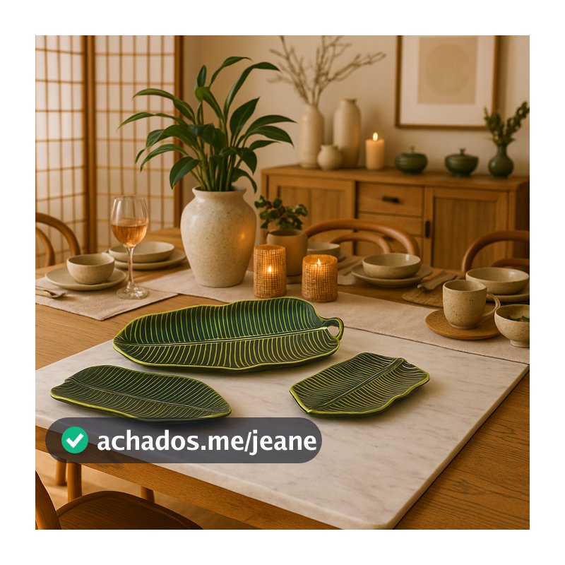 Kit Bandeja Folha De Banana Cerâmica Louças Cozinha Decoração
