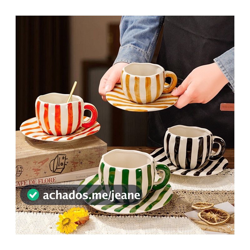 Conjunto De Canecas De Café De Cerâmica Listradas Pintadas À Mão – Copos Elegantes Para Casa E Escritório