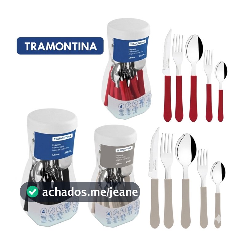 Jogo de Talheres Tramontina Leme ORIGINAL 20 peças Lâminas em Aço Inox e Cabos de Polipropileno Vermelho preto Cinza