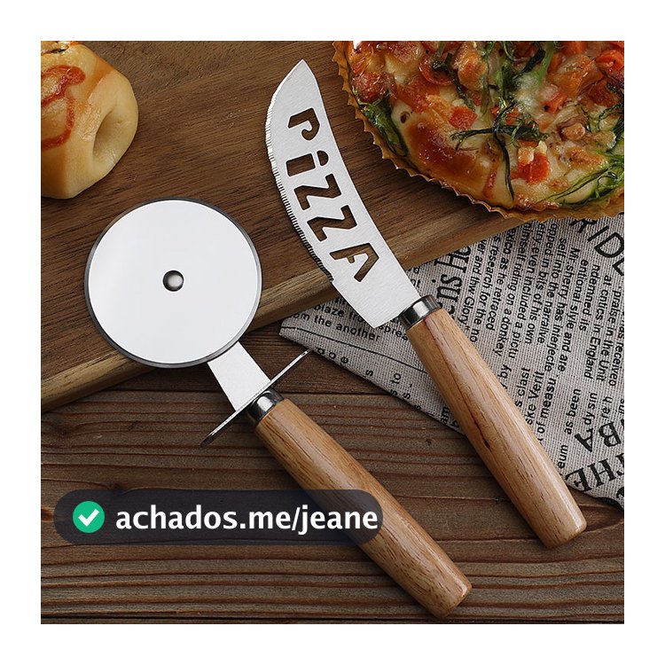 Kit Cortador De Pizza Em Inox Cabo Madeira