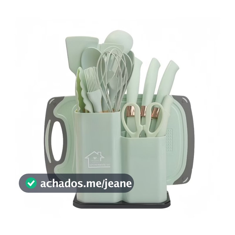 Kit Jogo Utensílios de Cozinha Luxo 19 Peças Pequeno Com Tábua em Silicone Pequeno