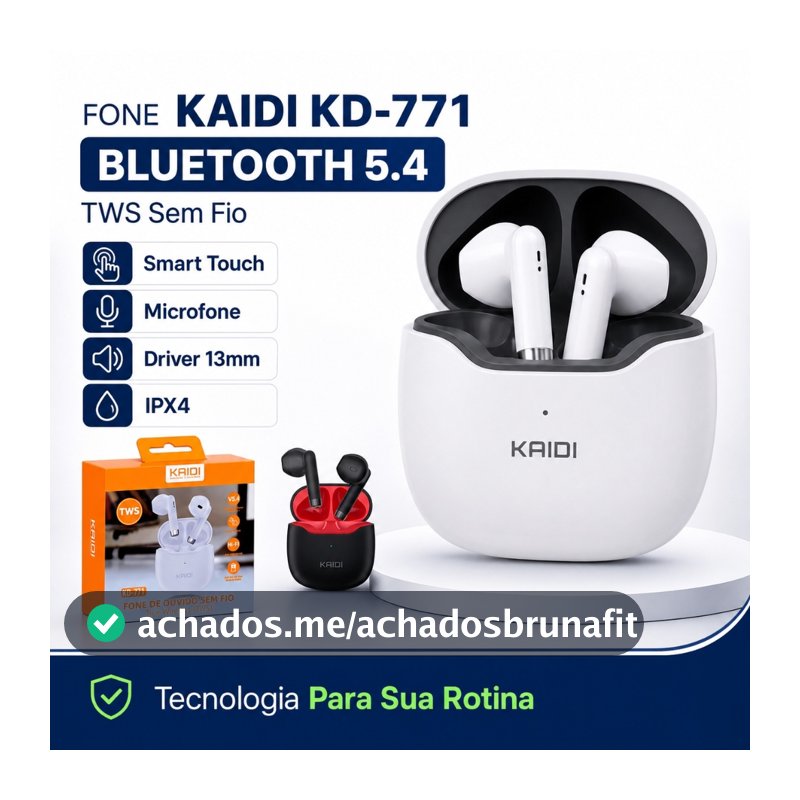 Fone de Ouvido Kaidi KD-771 Bluetooth 5.4 TWS Sem Fio Touch Microfone IPX4