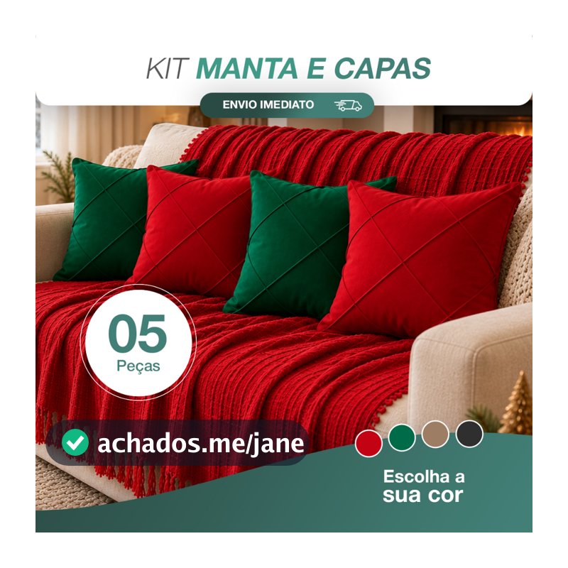 Kit Manta Decorativa P + 04 Capas de Almofada Suede Drapeada Decoração Natalina
