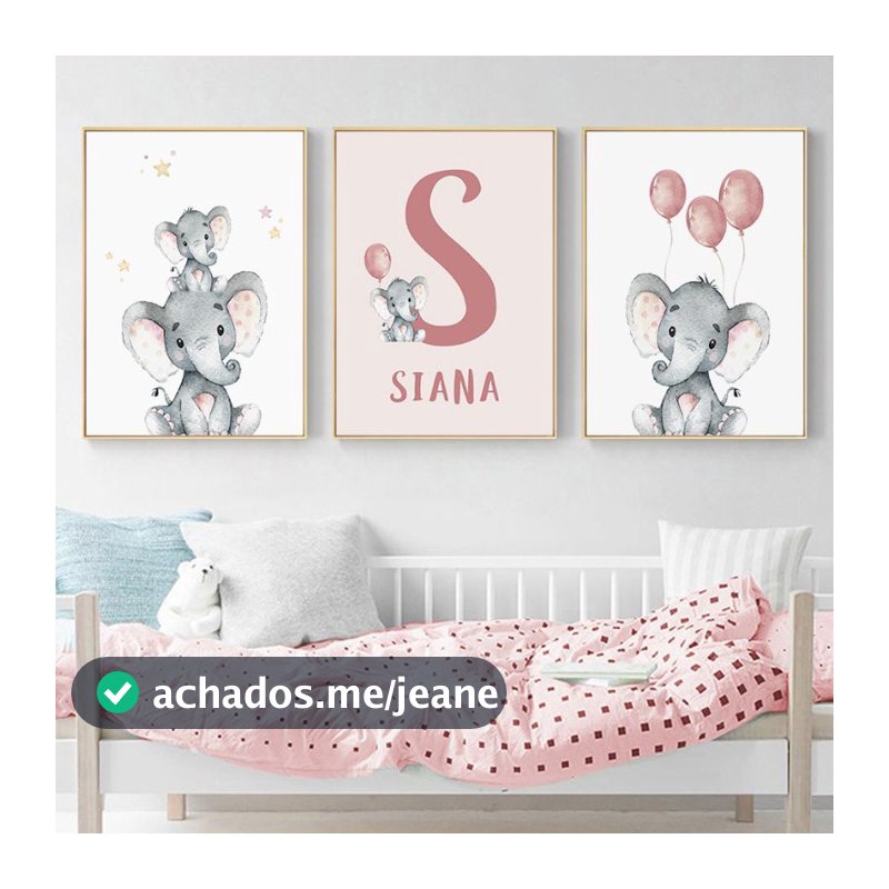 quadro decorativo infantil elefante elefantinho personalizado fofo 3 peças