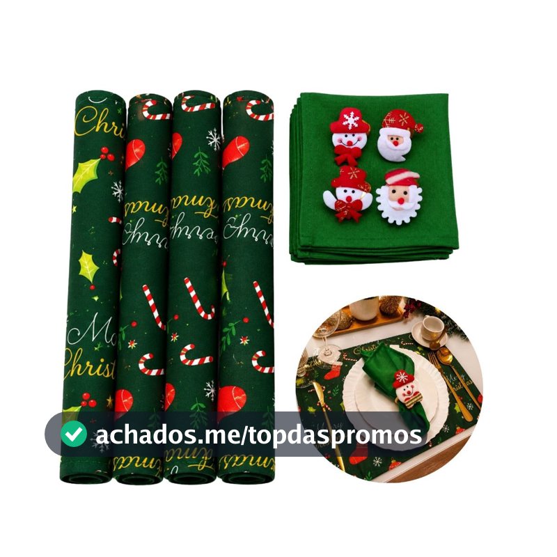 Kit Mesa Posta Natalina 12 Peças - 4 Jogo Americano, 4 guardanapo e 4 Anel de Guardanapo