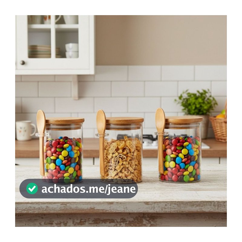 3 Potes De Vidro 300ml Redondo Tampa e Colher Bambu Hermético Porta Tempero Mantimentos Saleiro