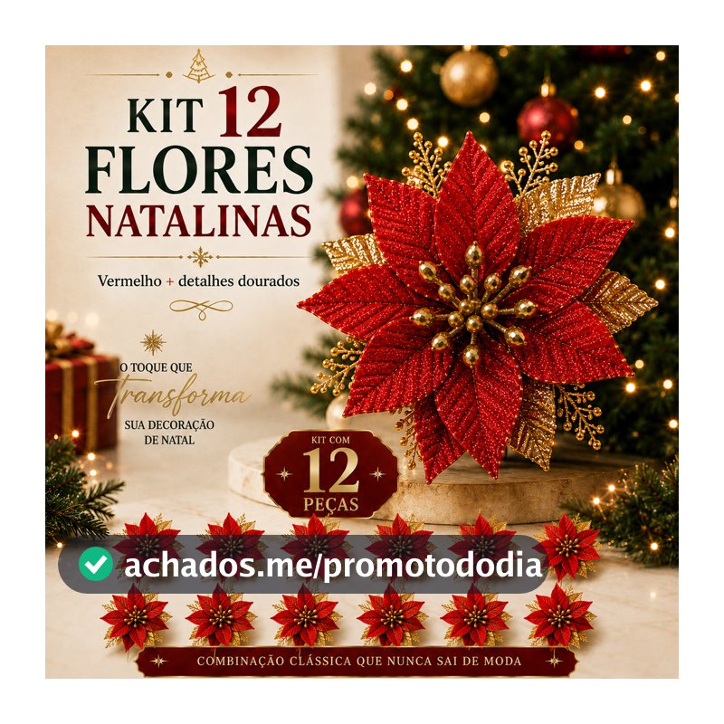 Flores Enfeite Natal Glitter Árvore Decoração Artificial Decorativa Natalina Luxo Vermelho com Dourado Brilhante Pick Up