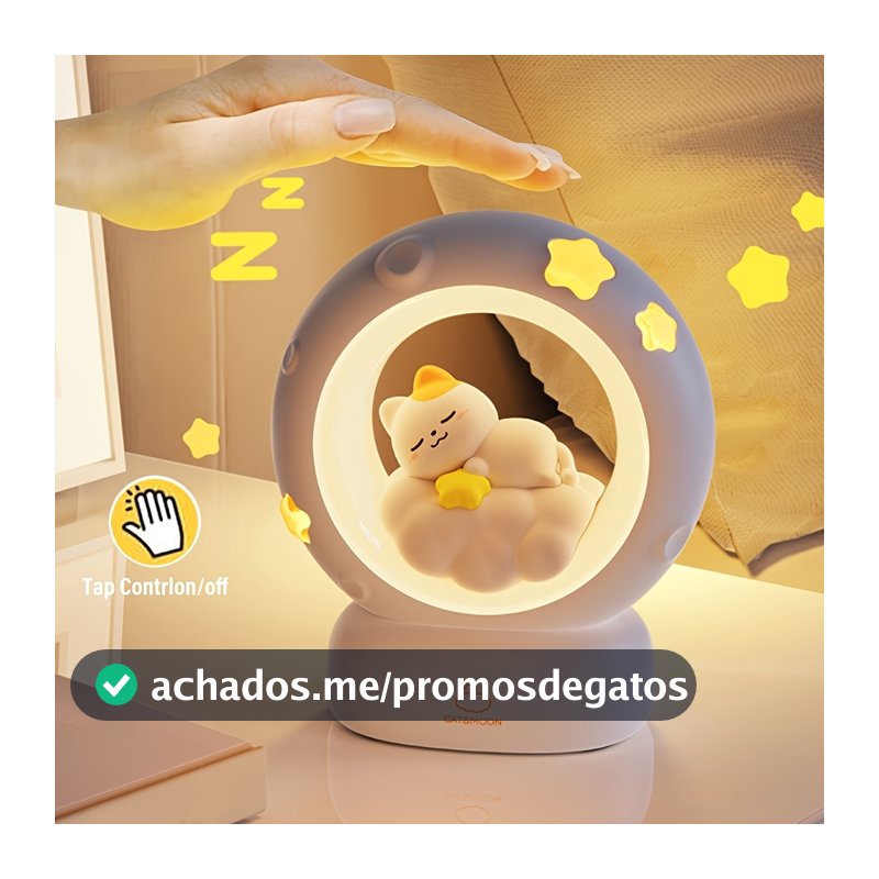 Luminária Noturna Abajur Gato fofo Estrelar - Luz Cabeceira Quarto Infantil, Luz Amamentação, Presente Menina
