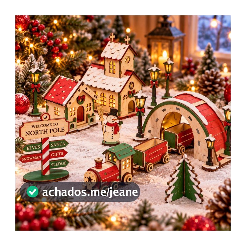 Mini Vila Natalina Decoração Natal 10 Peças com trenzinho igreja ponte outros em MDF 3mm 1º linha