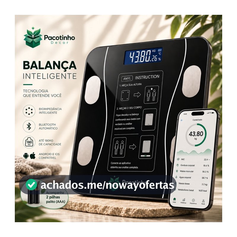 Balança Digital Smart Bioimpedância 180kg Bluetooth IMC Corporal App Android iOS