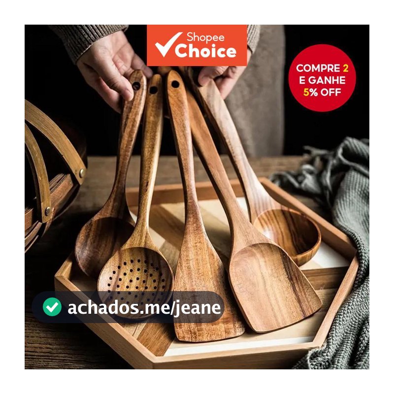 Conjunto de 5 Utensílios de Madeira: Espátula, Colher e Virador para Cozinha Doméstica