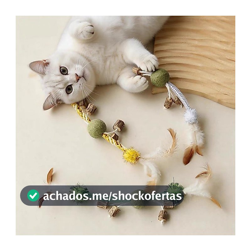Brinquedo de Corda c/ Penas e Esferas p/ Gatos – Resistente a Mordidas, Auto-Diversão – Envio Nacional