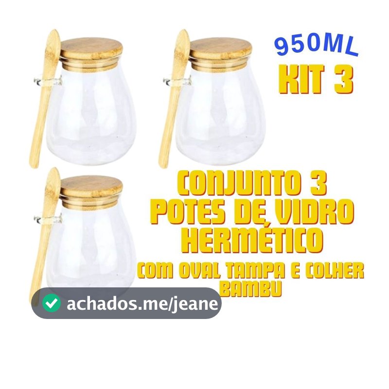 Conjunto 3 Potes Vidro Hermético 1050ML 410ML 690ML 230ML Com Colher E Oval Tampa Bambu Para Organização