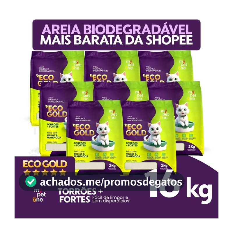 Kit 8 Areia Biodegradável Milho e Mandioca para Gatos Cat Bio Eco Gold Grãos Finos MyPetOne - 16Kg