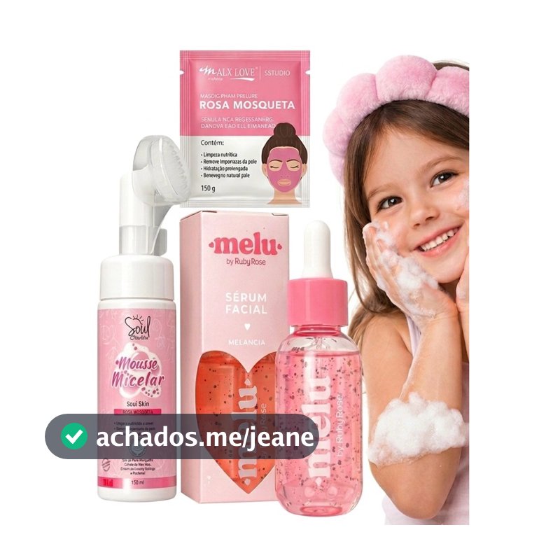 Kit Skincare feminino Melu Melancia + Mousse Micelar + Máscara Facial Rosa Mosqueta Spa Day Menina