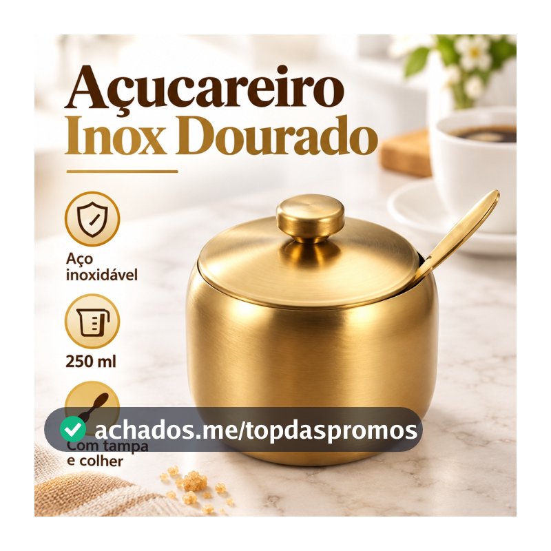 Açucareiro de aço inoxidável dourado com colher e tampa, grande capacidade para armazenar temperos