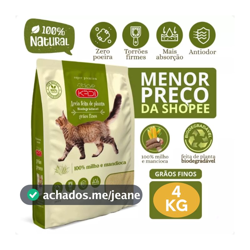 Kadi Areia Biodegradável Grãos Fino Gato 4kg Milho Mandioca 4 kg Cat Gatos Grao Finos Bio Verde