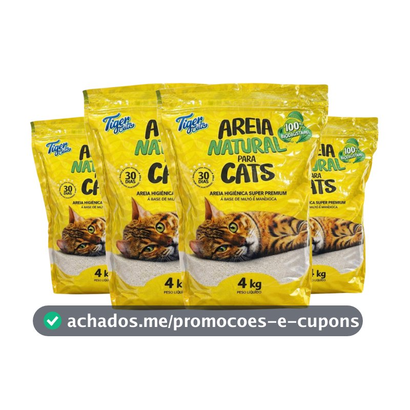 KIT COM 4 AREIA HIGIÊNICA NATURAL BIODEGRADÁVEL MILHO E MANDIOCA PARA GATOS TIGER CATS 4KG